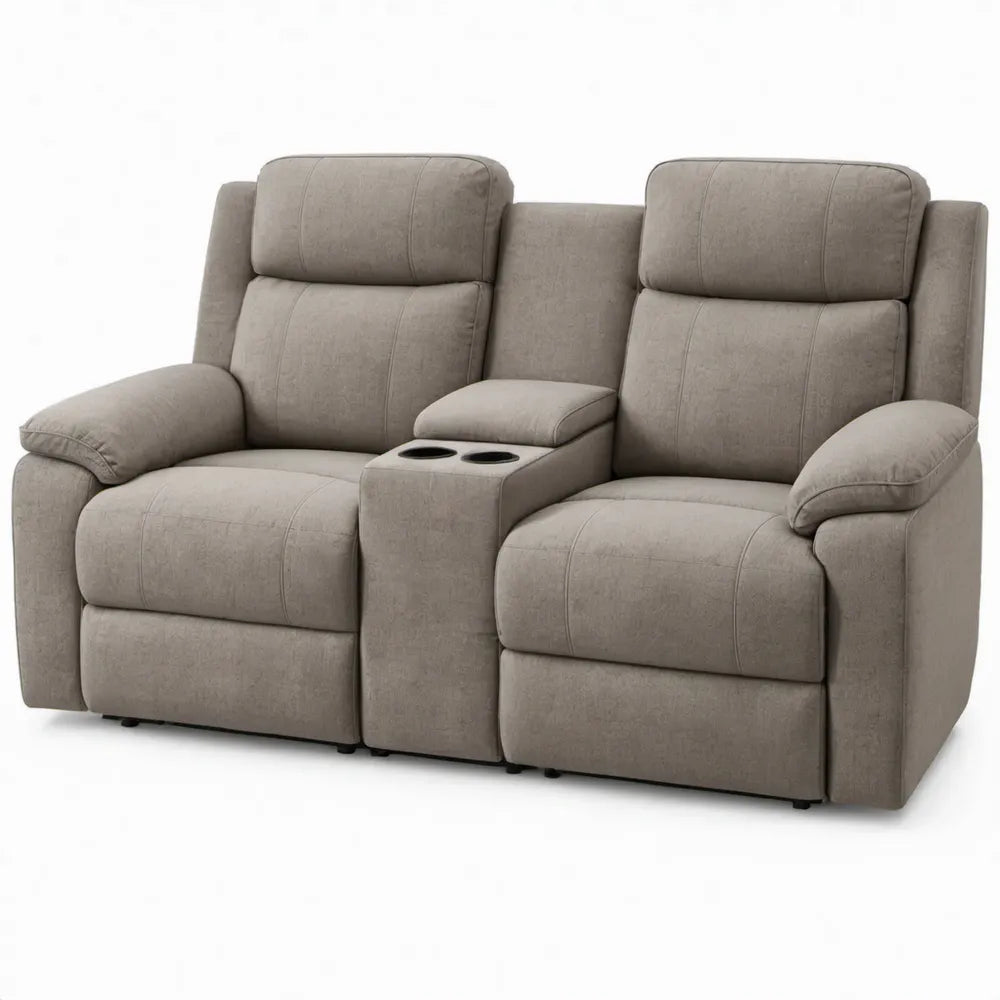 Taupe/grijze 2-zits relaxbank met middenconsole en bekerhouders, 178 x 91 x 102 cm