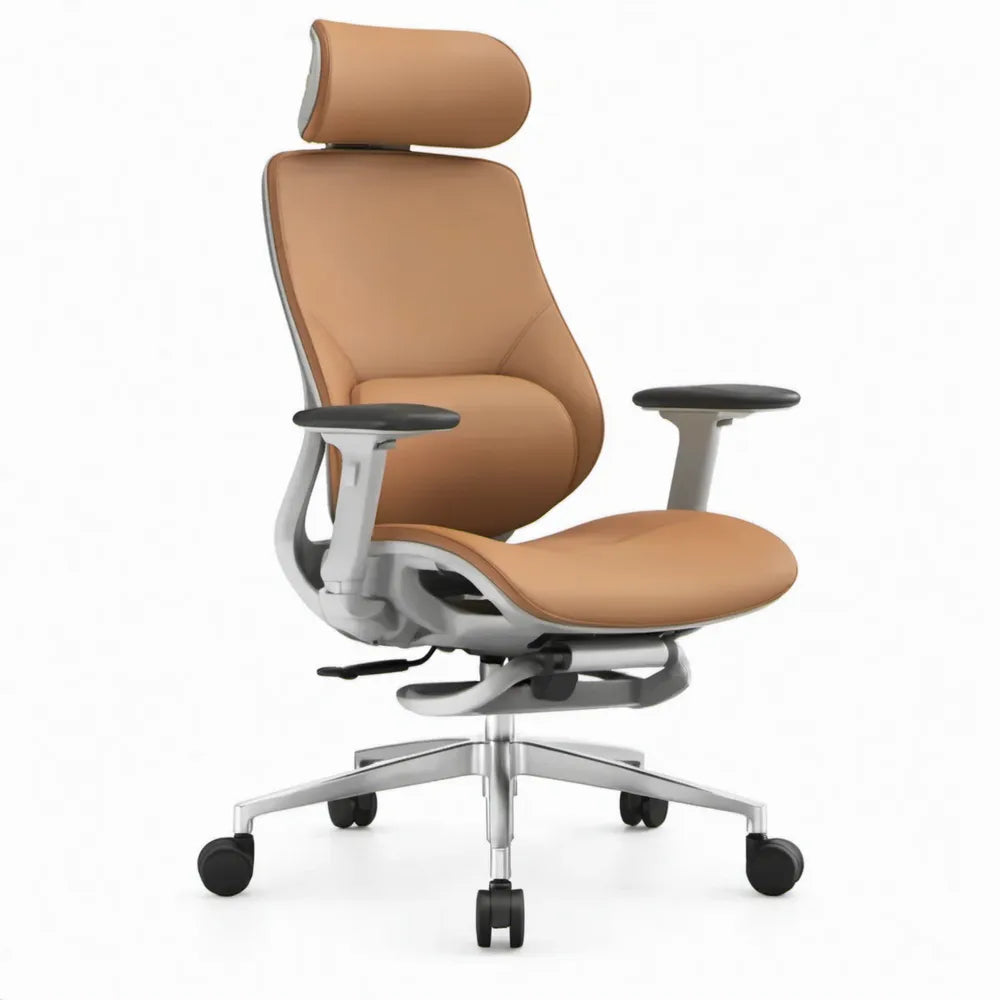 Ergonomische bureaustoel van bruin PU-kunstleer met hoofdsteun, verstelbare armleuningen en wielen, 68 x 68 x 118-128 cm