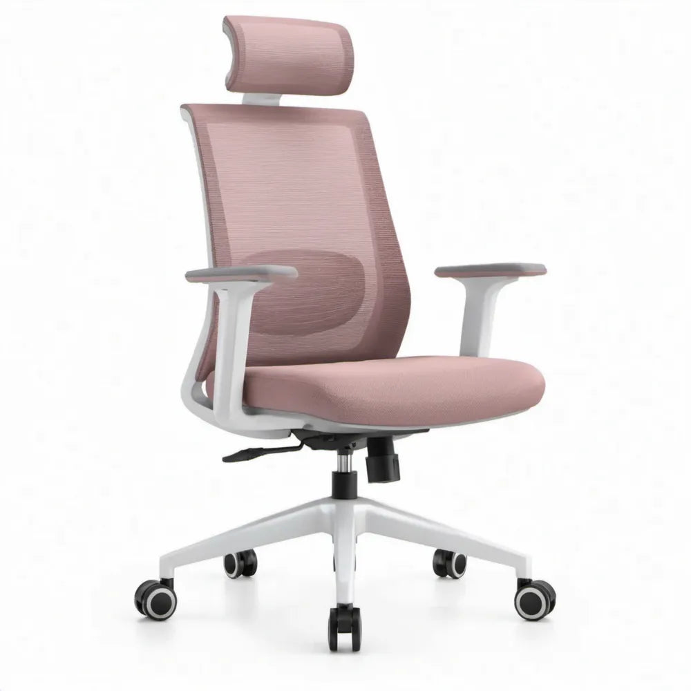 Ergonomische Bureaustoel met Hoofdsteun, Roze/Wit/Zwart, 66 x 66 x 116-126 cm