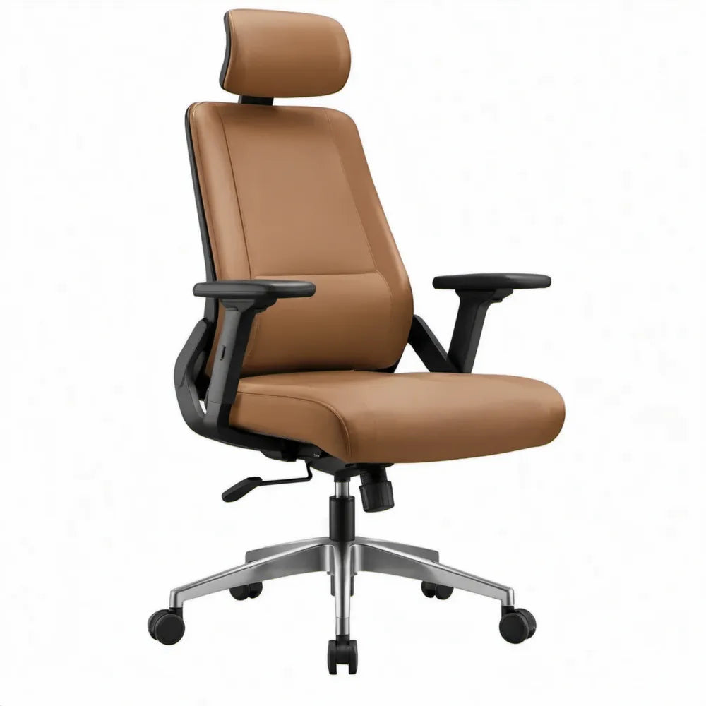 Ergonomische bureaustoel met hoge rugleuning en hoofdsteun, 65 x 65 x 118-128 cm, cognacbruin/zwart/zilver