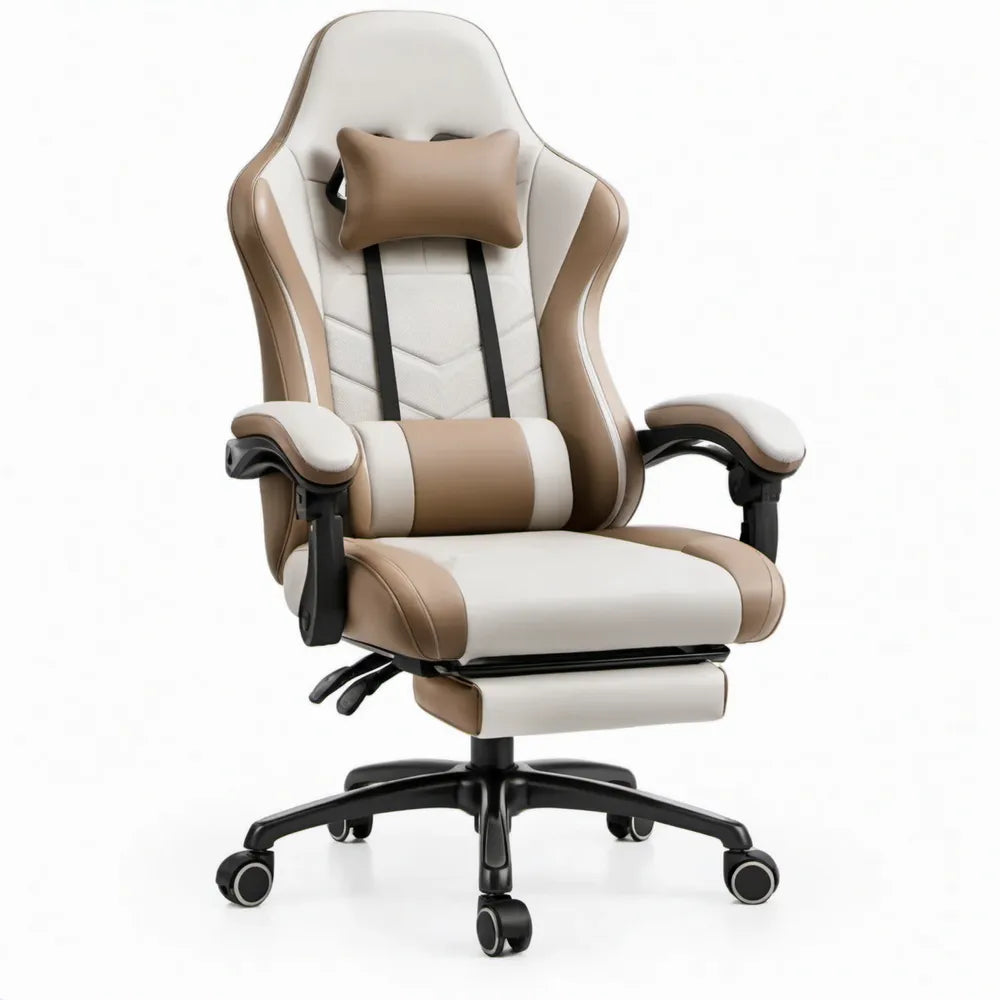 Gaming-bureaustoel met hoge rugleuning van PU-kunstleer, crème/beige/zwart, 68 x 68 x 122-132 cm