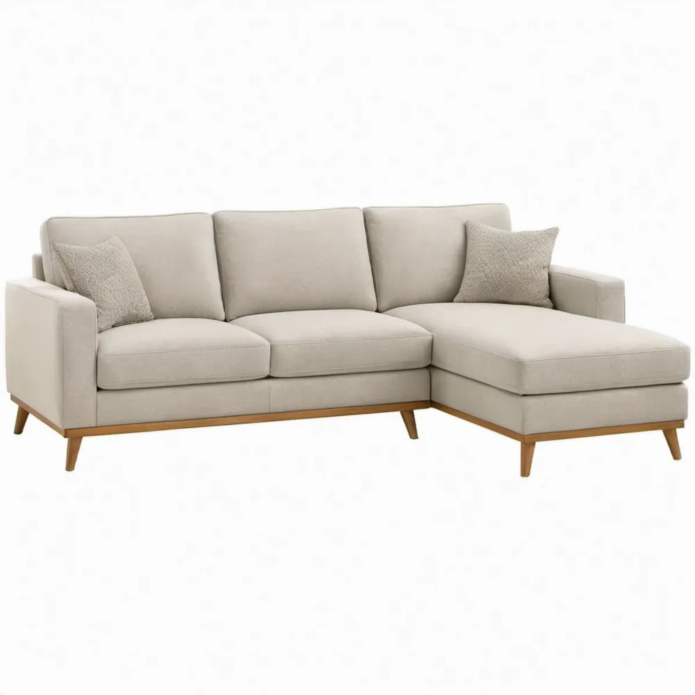 Beige chaise longue rechts met polyester bekleding en houten poten, 250 x 160 x 85 cm
