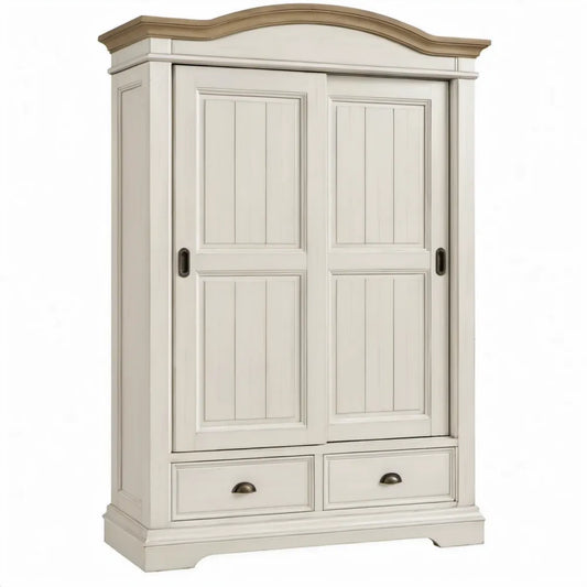 Kledingkast met 2 schuifdeuren en 2 lades, 120 x 60 x 200 cm, gebroken wit en bruin, massief grenenhout en MDF