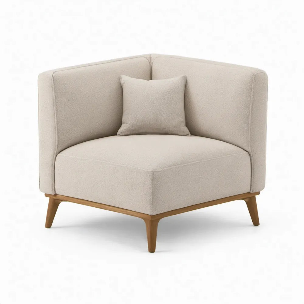Beige hoekfauteuil met naturelbruine rubberhouten poten, 90 x 90 x 80 cm