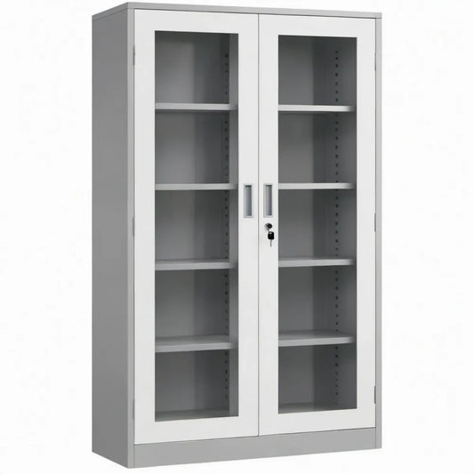 Stalen archiefkast met glazen draaideuren en slot, 90 x 40 x 180 cm, grijs/wit