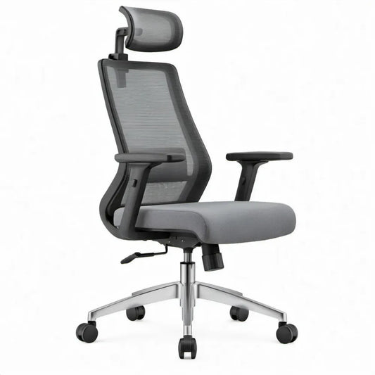 Ergonomische draaistoel met verstelbare hoofdsteun, grijs/zwart/zilver, 64 x 64 x 118-128 cm