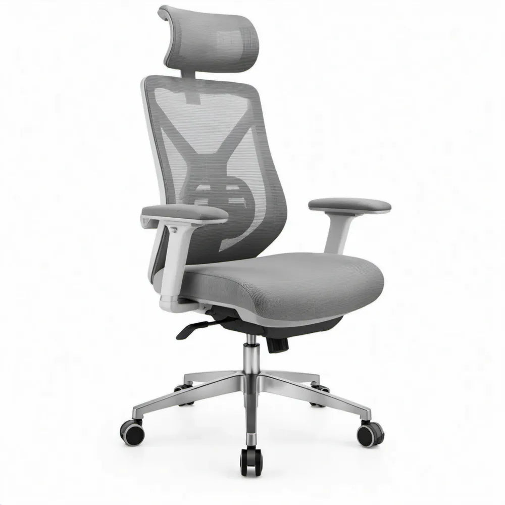 Ergonomische bureaustoel met hoofdsteun en netrug – Grijs/Zwart/Zilver – 66 x 66 x 118-128 cm