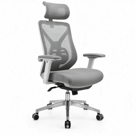 Ergonomische bureaustoel met hoofdsteun en netrug – Grijs/Zwart/Zilver – 66 x 66 x 118-128 cm