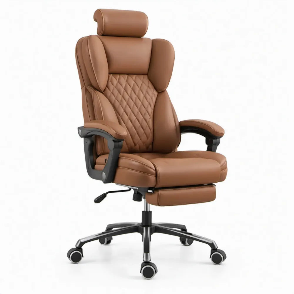 Ergonomische cognacbruine stoel van PU-kunstleer met uitschuifbare voetensteun, 70 x 70 x 118-128 cm