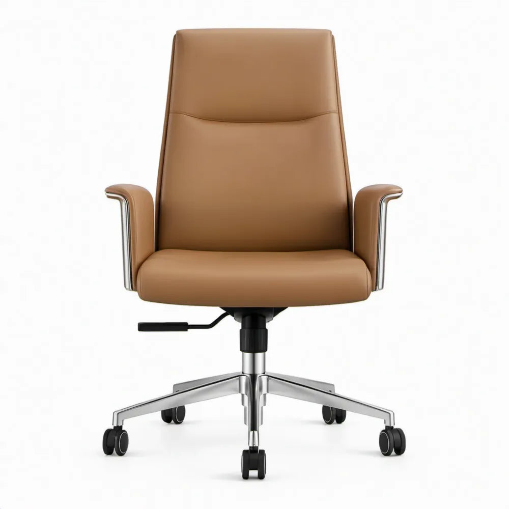 Bruine bureaustoel van PU-kunstleer met hoge rugleuning en armleuningen, 64 x 65 x 110-120 cm