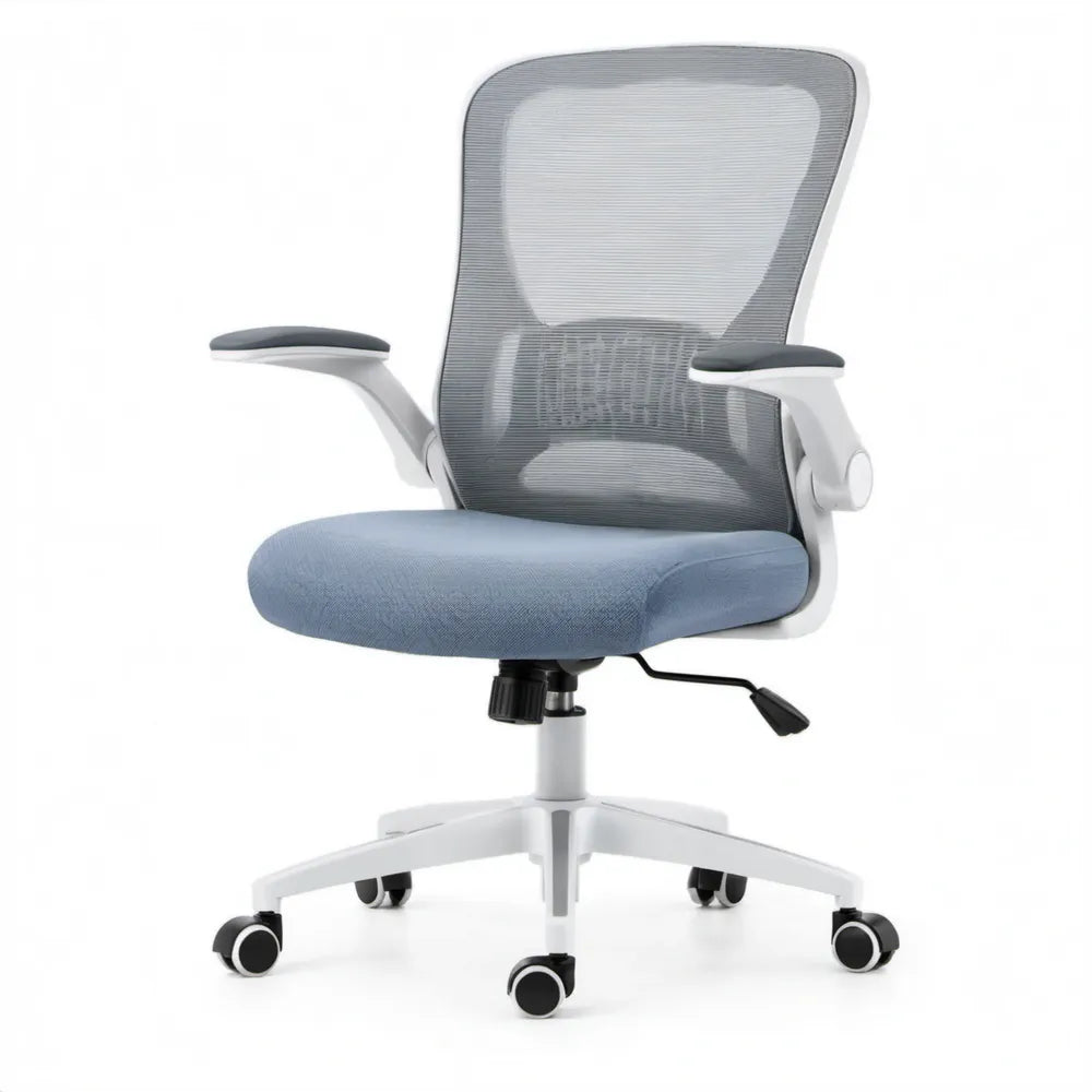 Ergonomische bureaustoel met armleuningen en wieltjes, blauw/grijs/wit/zwart, 62 x 62 x 112-122 cm