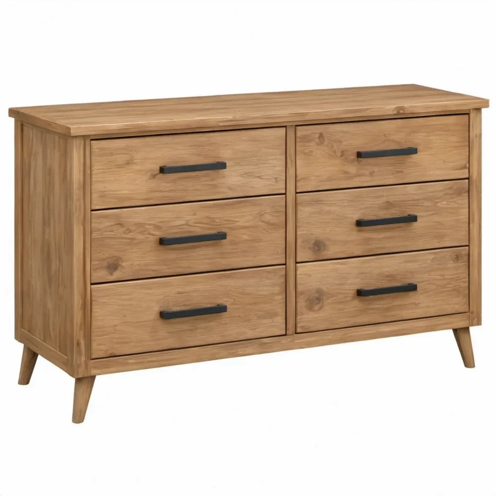 Ladekast met 6 laden van massief eikenhout, 130 x 45 x 85 cm, naturel eiken met zwarte handgrepen