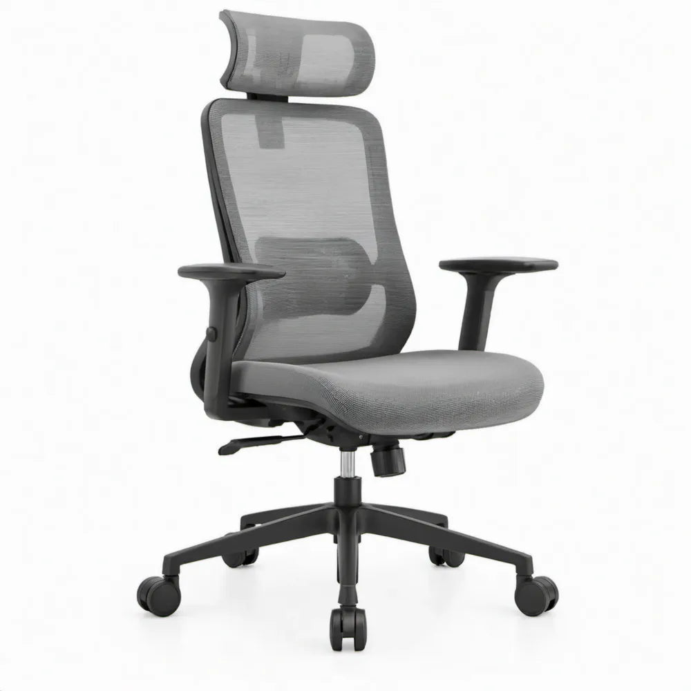 Ergonomische bureaustoel grijs/zwart met verstelbare hoofdsteun en armleuningen, 66 x 66 x 118-128 cm