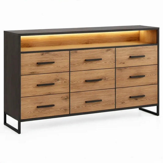 Ladekast met 9 laden, LED-verlichting en open vak – 160 x 40 x 95 cm – Zwart/Naturel eiken