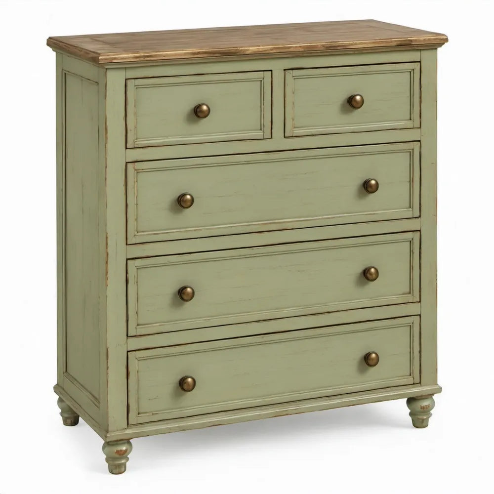 Ladekast van massief grenenhout met 5 lades, 90 x 45 x 100 cm, groen en naturel bruin