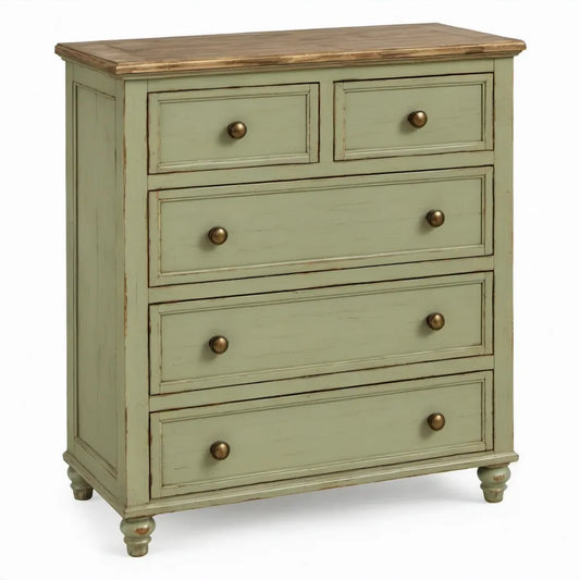 Ladekast van massief grenenhout met 5 lades, 90 x 45 x 100 cm, groen en naturel bruin