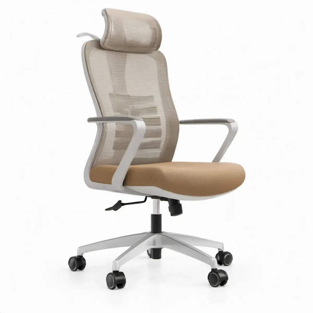 Ergonomische bureaustoel met hoofdsteun, 64 x 64 x 116-126 cm, beige/wit
