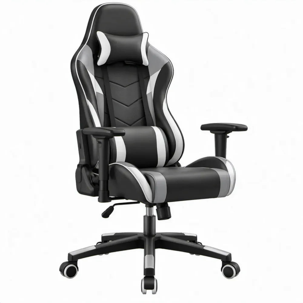Racingstoel met voetsteun, hoofdsteun en lendenkussen – Zwart/Grijs/Wit – 65 x 65 x 120-130 cm