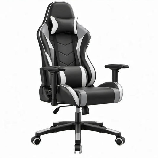 Racingstoel met voetsteun, hoofdsteun en lendenkussen – Zwart/Grijs/Wit – 65 x 65 x 120-130 cm