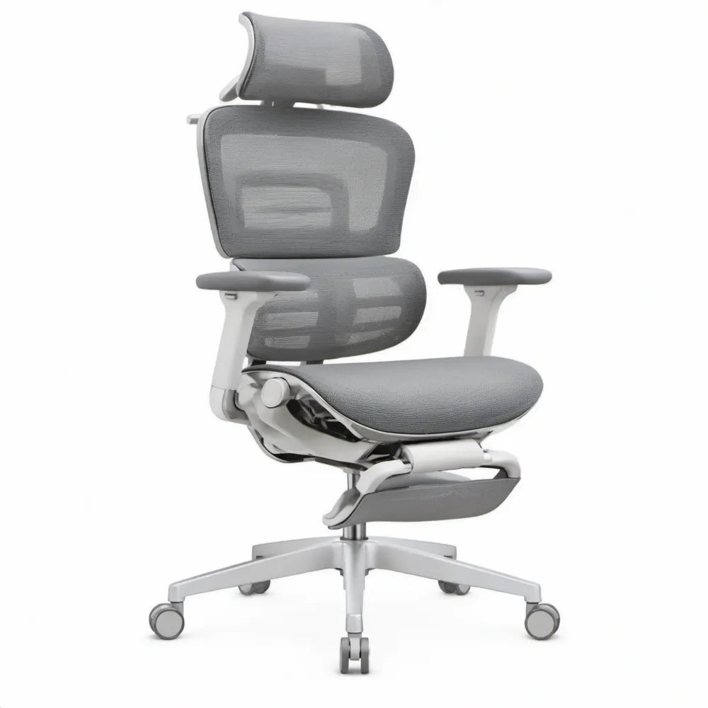Ergonomische bureaustoel grijs/wit met hoofdsteun en uitschuifbare voetensteun, 68 x 68 x 118-128 cm