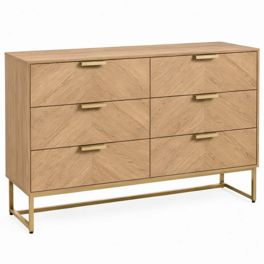 Ladekast met 6 laden, visgraatfronten en goudkleurig onderstel – 140 x 40 x 85 cm – Naturel eiken