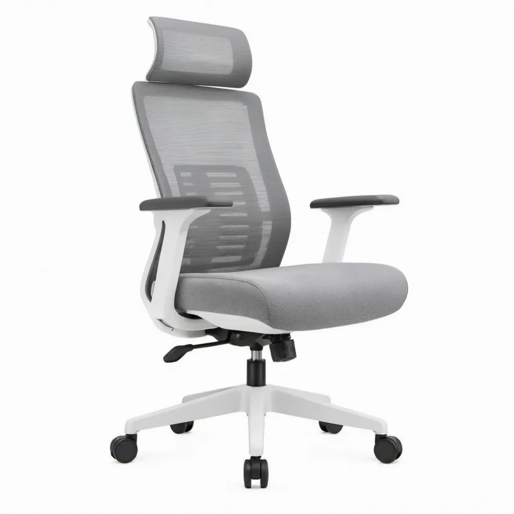 Ergonomische bureaustoel met hoofdsteun en lendensteun, grijs/wit/zwart, 64 x 64 x 118-128 cm