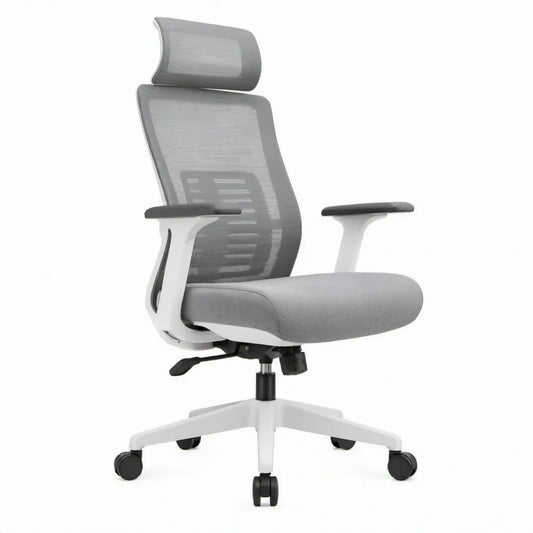 Ergonomische bureaustoel met hoofdsteun en lendensteun, grijs/wit/zwart, 64 x 64 x 118-128 cm