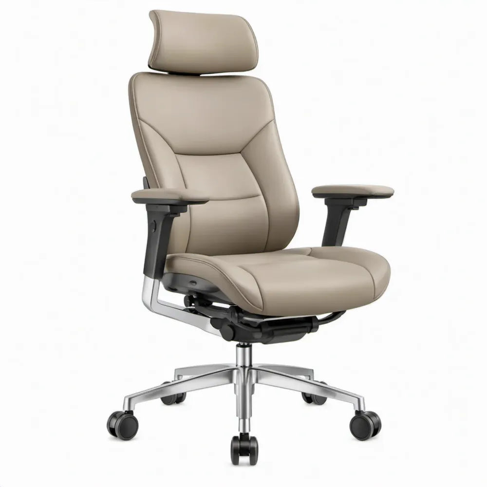 Ergonomische beige bureaustoel van PU-kunstleer met hoofdsteun en verstelbare armleuningen, 70 x 70 x 118-128 cm