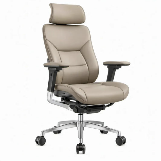 Ergonomische beige bureaustoel van PU-kunstleer met hoofdsteun en verstelbare armleuningen, 70 x 70 x 118-128 cm