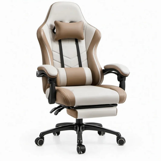 Gaming-bureaustoel met hoge rugleuning van PU-kunstleer, crème/beige/zwart, 68 x 68 x 122-132 cm